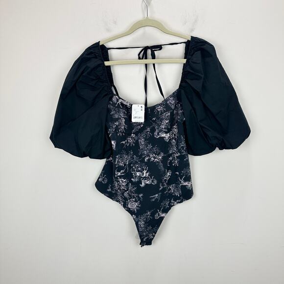 Free People Prarie Rose Puff Sleeve Bodysuit Black Coquette Romantic Large NWT - Picture 6 of 13